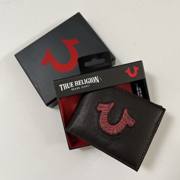 TRUE RELIGION Black Leather Bifold Wallet Red Logo Boxed RFID Gift for Men NWT - Picture 2 of 7